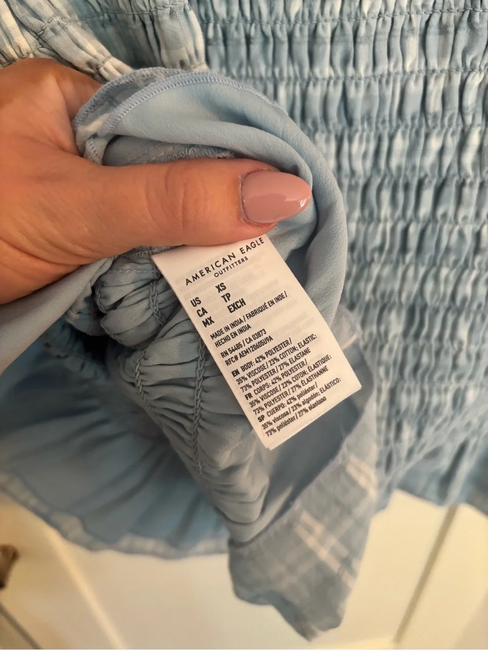 American Eagle Light Blue Smocked Body Con Ruffle-Hem Mini Dress Size xs - Picture 6 of 6